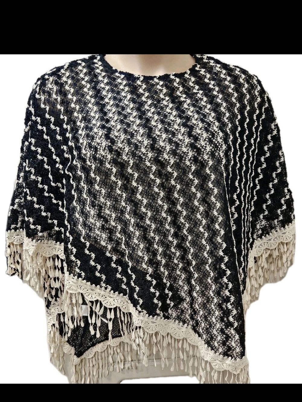Late For Dinner Navy Blue & Cream Zig-Zag Crochet Poncho